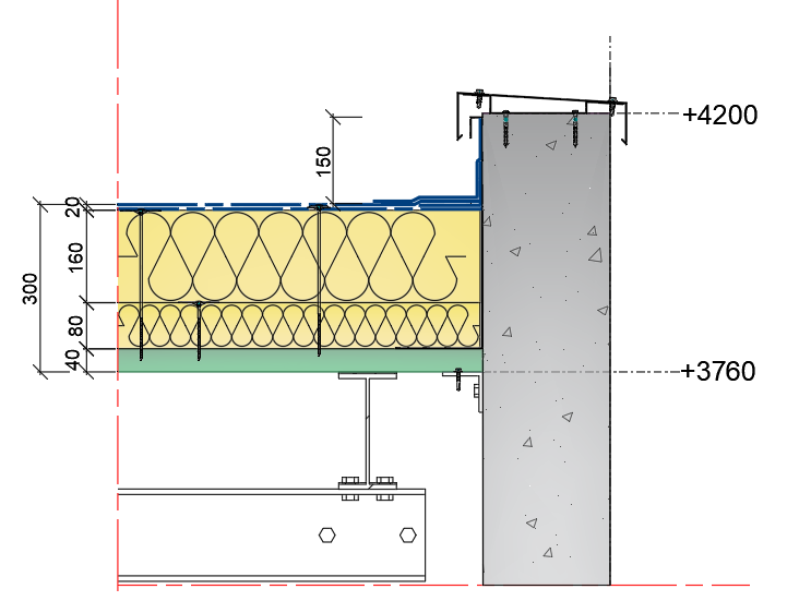 Coupe de principe sur support béton avec isolant et étanchéité